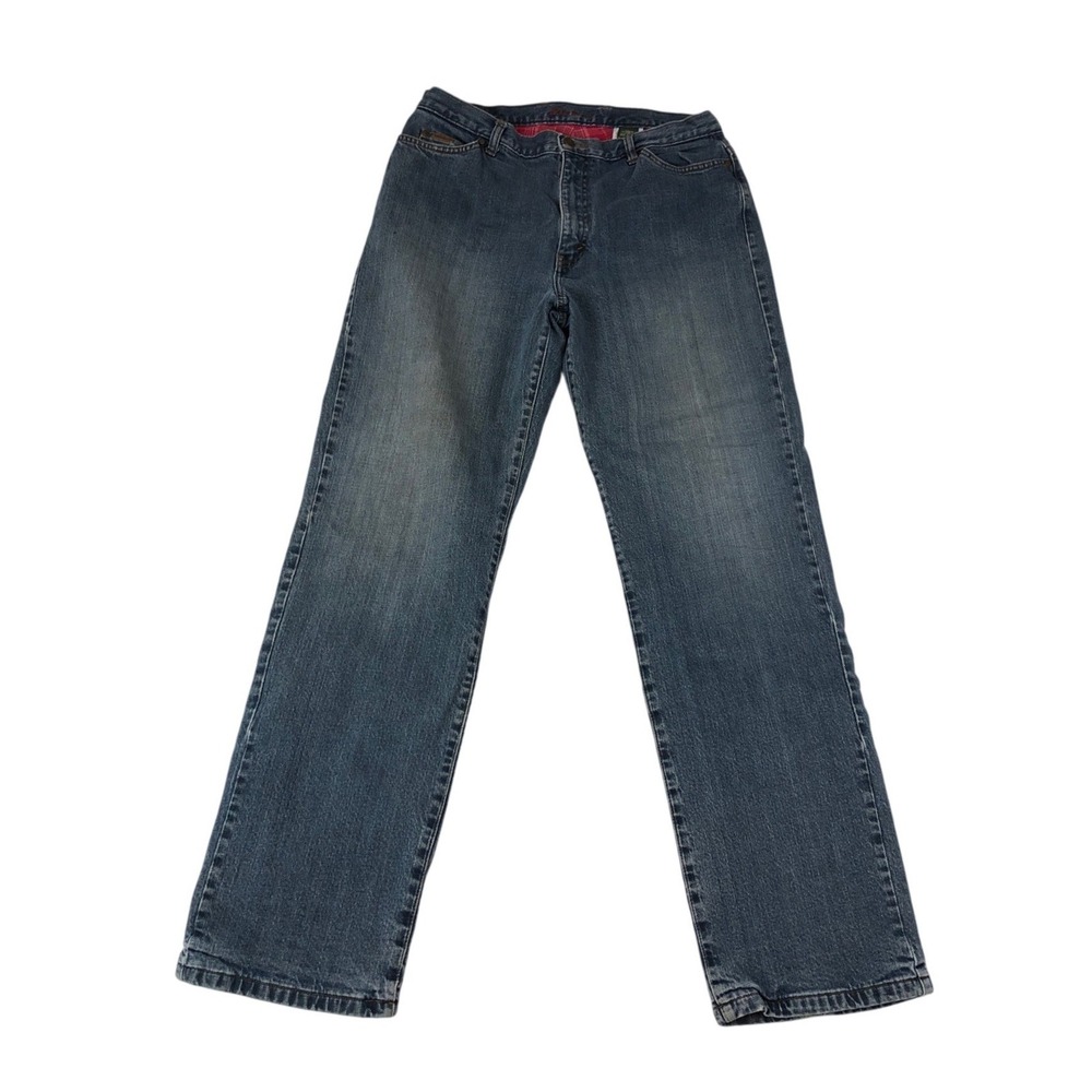 Eddie Bauer‎ Flannel Lined Jeans Womens 16 Tall Blue Denim Plaid Lining Straight